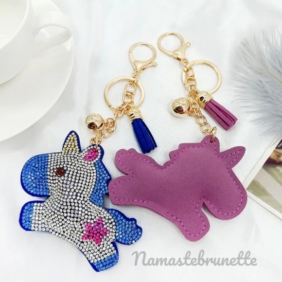 Unicorn Crystal Rhinestone Keychain Bag Charm With Blue Tassel - Picture 9 of 15
